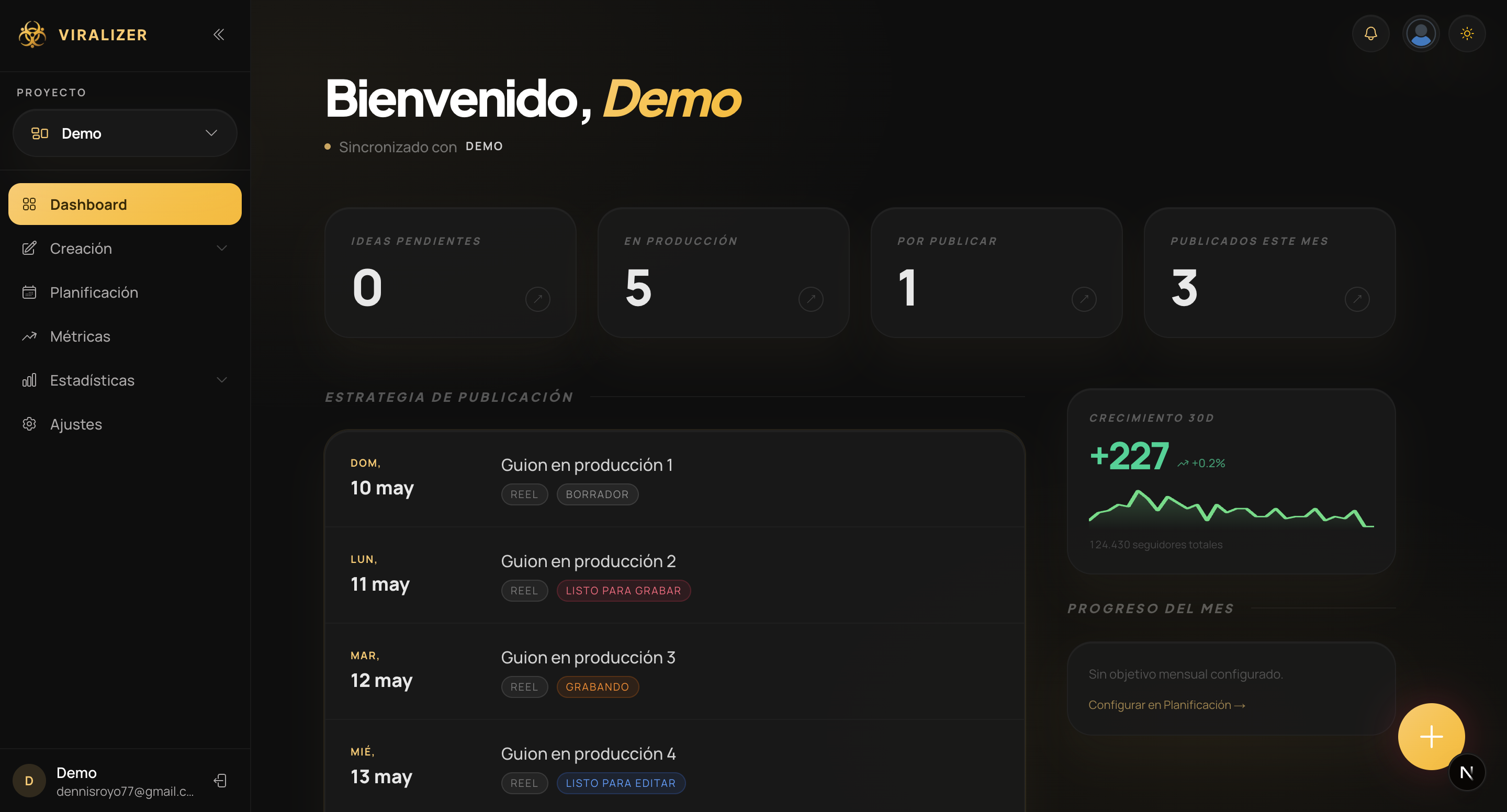 Viralizer Dashboard — command center de contenido