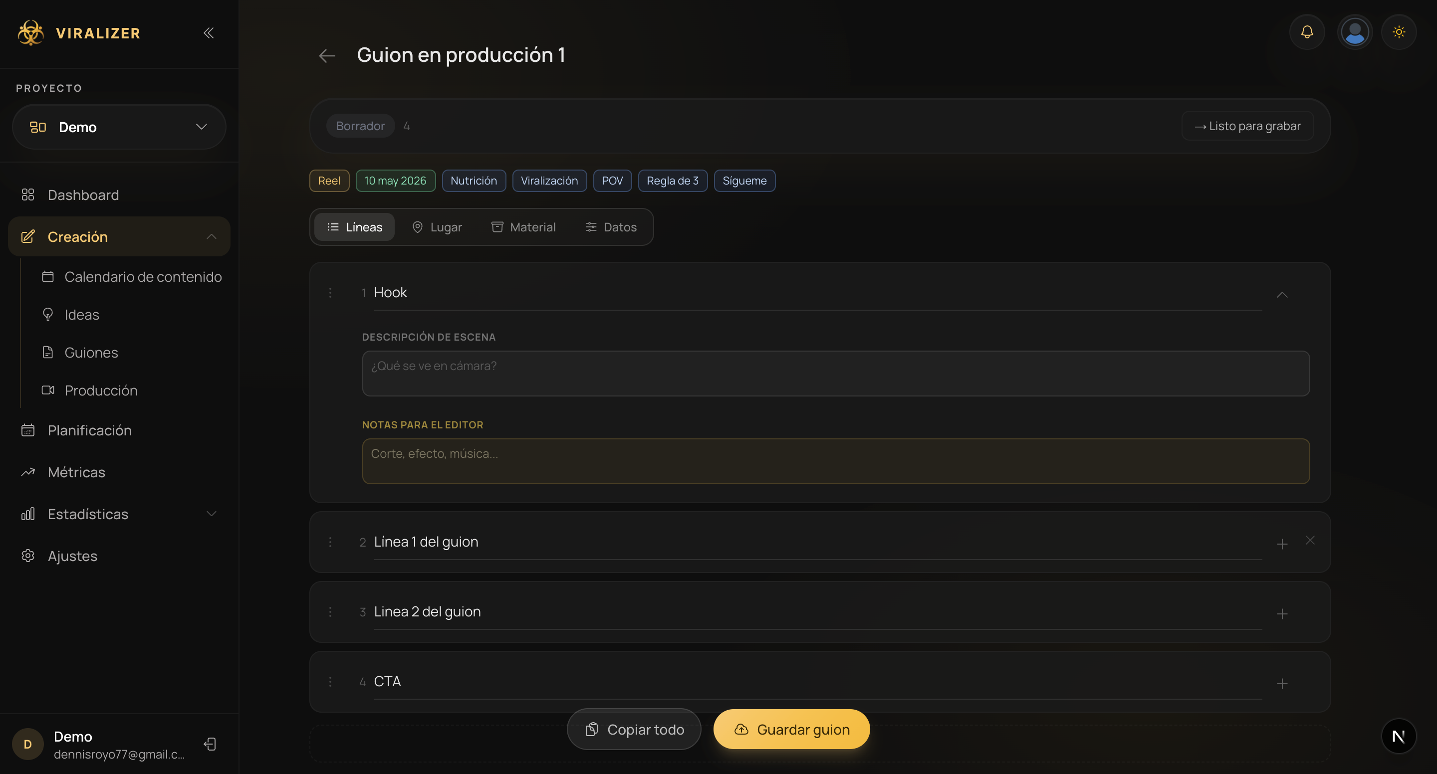 Viralizer — Editor de guiones con líneas estructuradas
