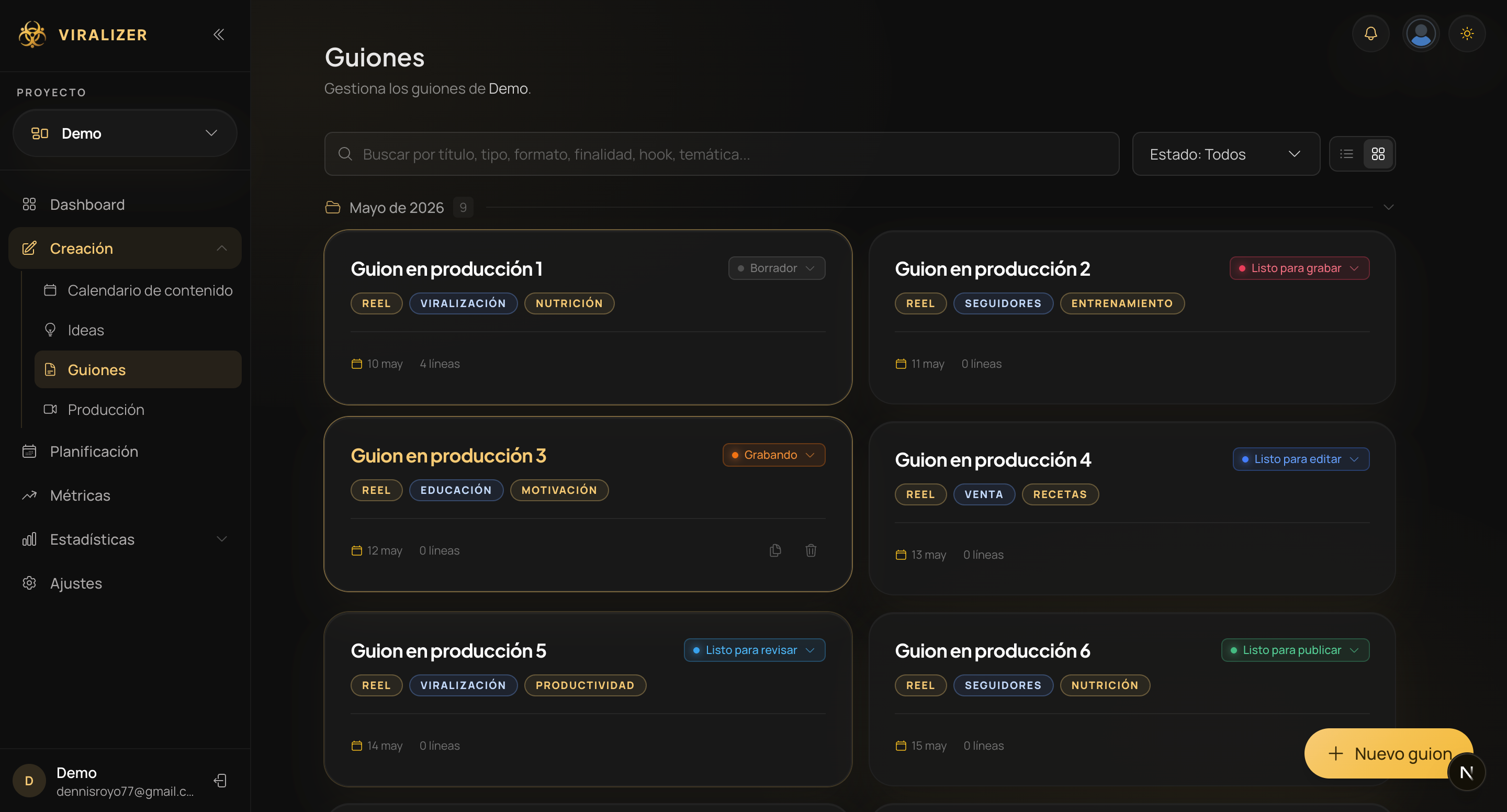 Viralizer — Listado de guiones con pipeline de estados